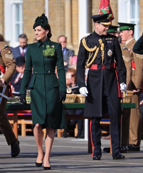 Kate Middleotn the Duchess of Cambridge wears green Alexander mCqueen military coat for St Patrick's Day 2019
