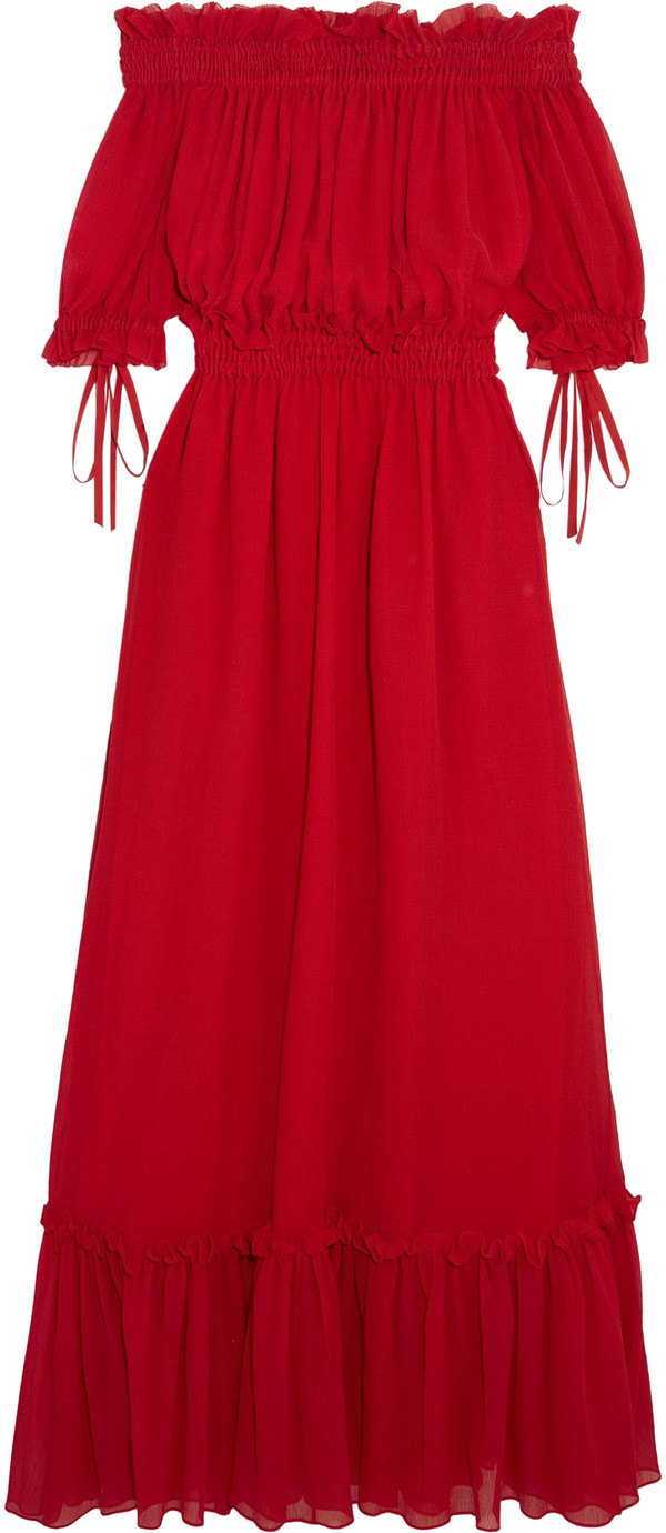 Alexander McQueen red off-the-shoulder shirred cotton and silk-blend crinkled-chiffon maxi dress