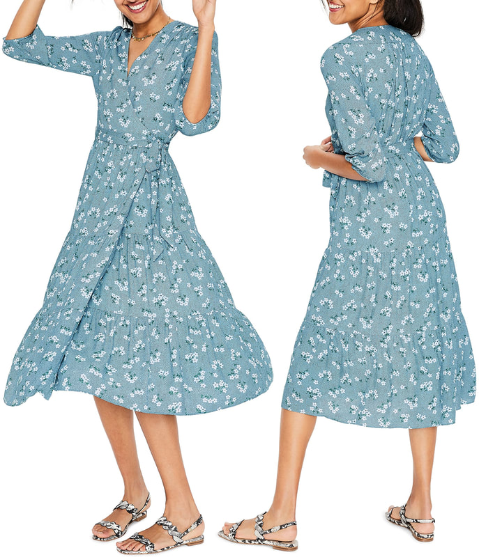 Boden 'Aurora' Midi Wrap Dress in a Heron Blue Daisy Field print