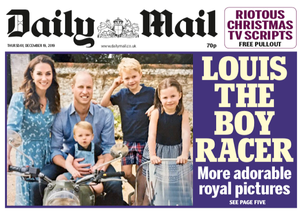 Cambridge Christmas Card 2019 on the cover of Daily Mail