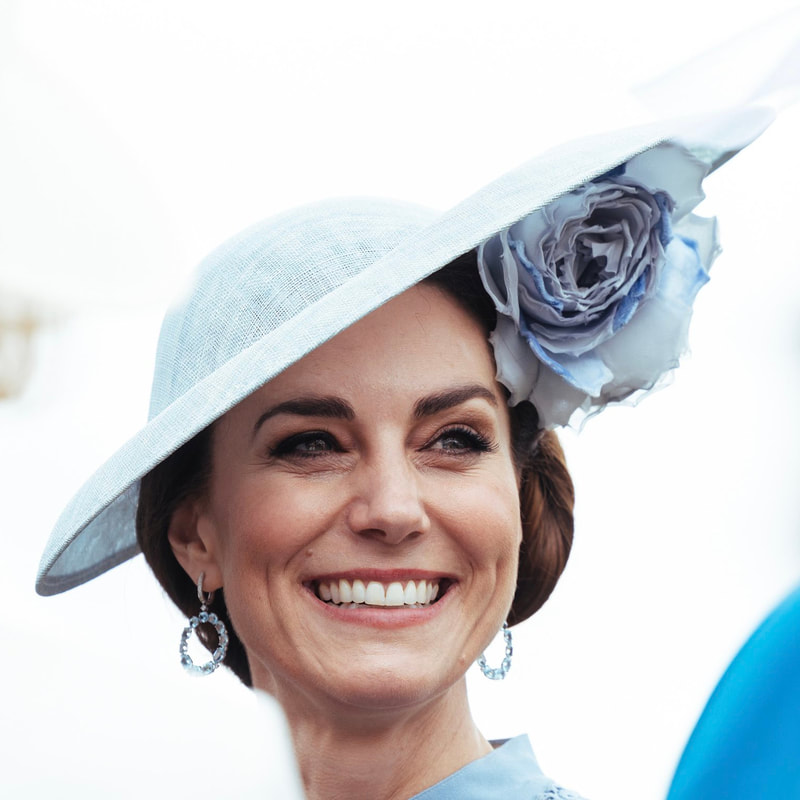 Catherine, Princess of Wales wears Philip Treacy Rosette Saucer Hat in Soft Blue