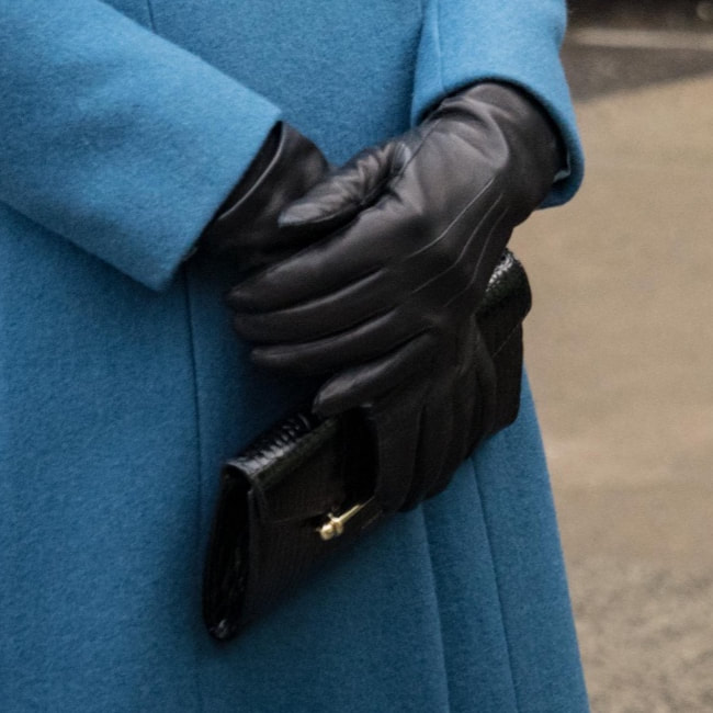 Duchess Kate carries Strathberry Multrees Chain Wallet in embossed croc black