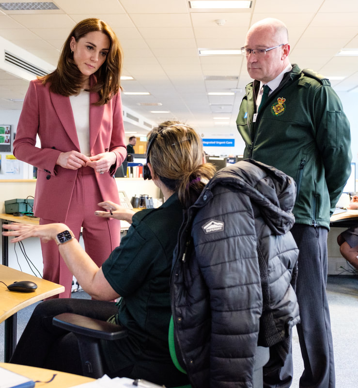 Duchess of Cambridge talks to staff at the London Ambulance Centre in Croydon on 19 March 2020