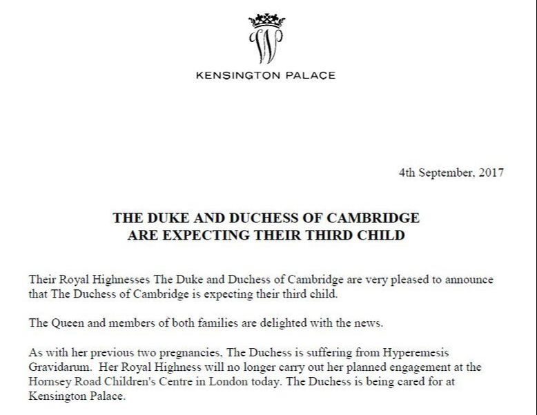 Kensington Palace announces Duchess of Cambridge is pregnant with third child