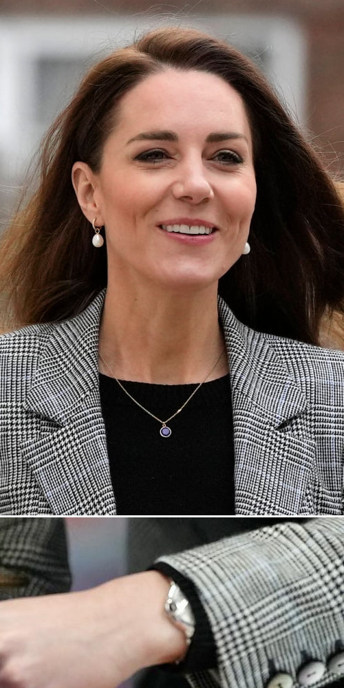 Duchess of Cambridge wears Annoushka Pearl & Kiki Diamond Hoop Earrings, Astley Clarke Round Stilla Lapis Lazuli Pendant Necklace, and Cartier Ballon Bleu Watch.
