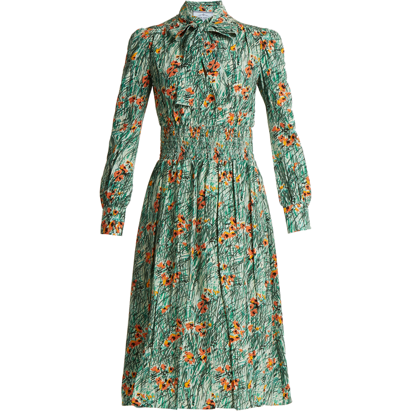 Prada Green Poppy-Print Silk-Crepe Dress