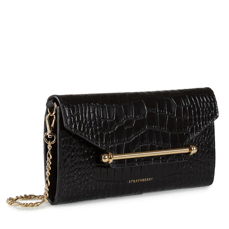 Strathberry Multrees Chain Wallet in embossed croc black