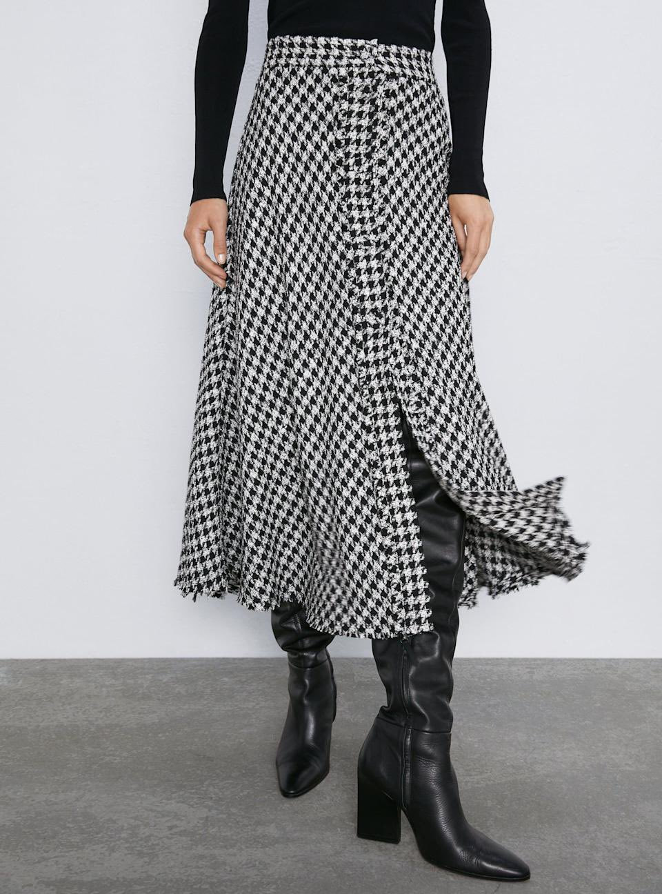 Zara houndstooth tweed midi skirt