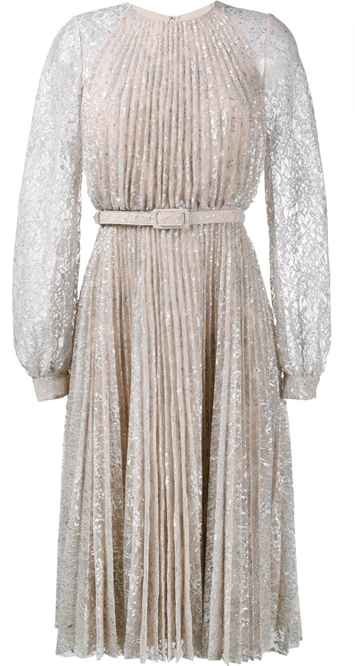 Erdem 'Rhona' Metallic Long-Sleeve Pleated Lace Midi Dress