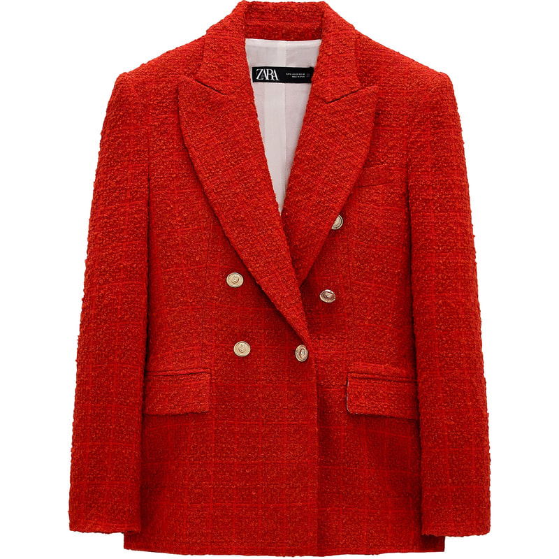 red Zara Textured Double-Breasted Blazer