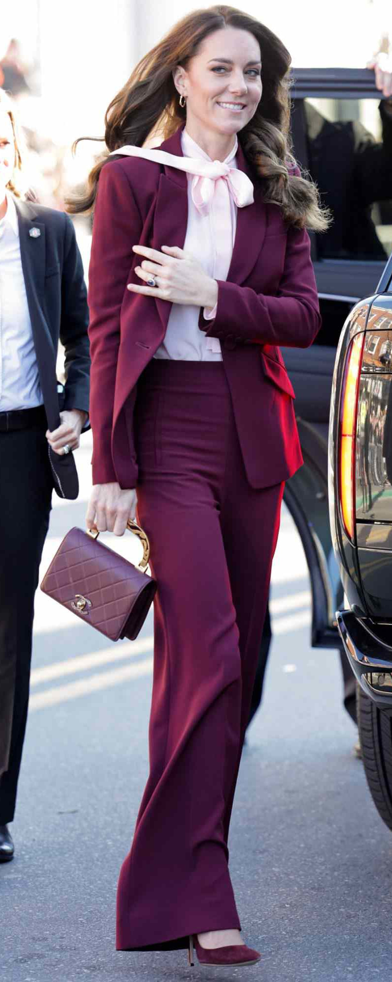 Burberry Silk Crepe de Chine Tie-Neck Blouse in Pink as seen on Kate Middleton, Princess of Wales.