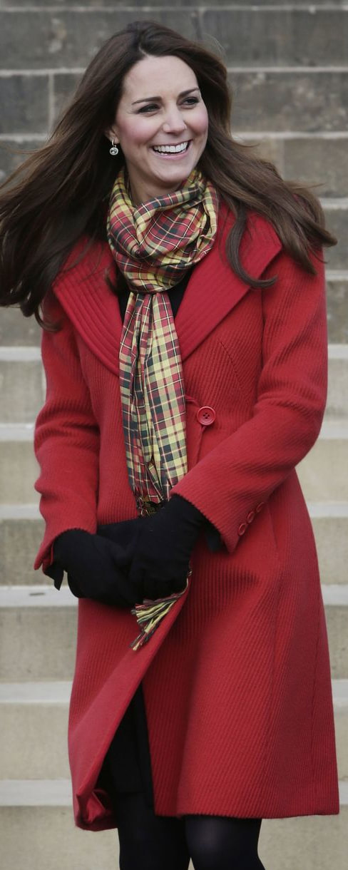 Strathearn Tartan Fringe Silk Scarf as seen on Kate Middleton, the Duchess of Cambridge.