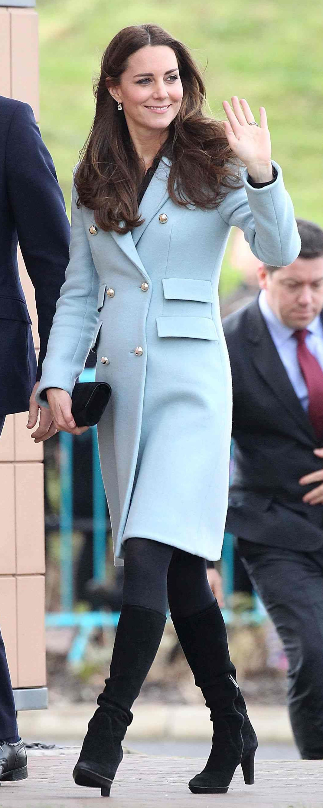 Matthew Williamson Baby Blue Double Breasted Wool-Blend Coat as seen on Kate Middleton, The Duchess of Cambridge.