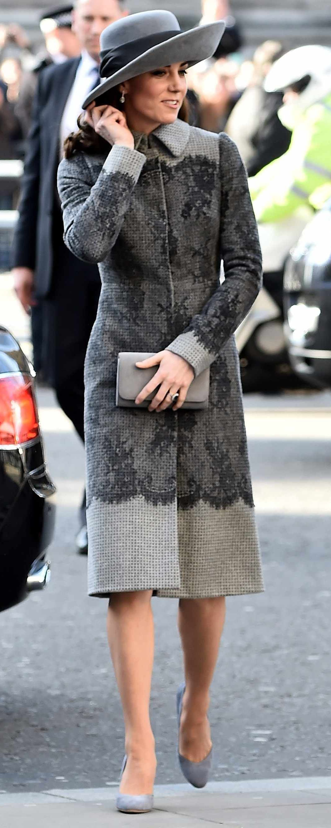 Emmy London Natasha Steel Grey clutch as seen on Kate Middleton, The Duchess of Cambridge