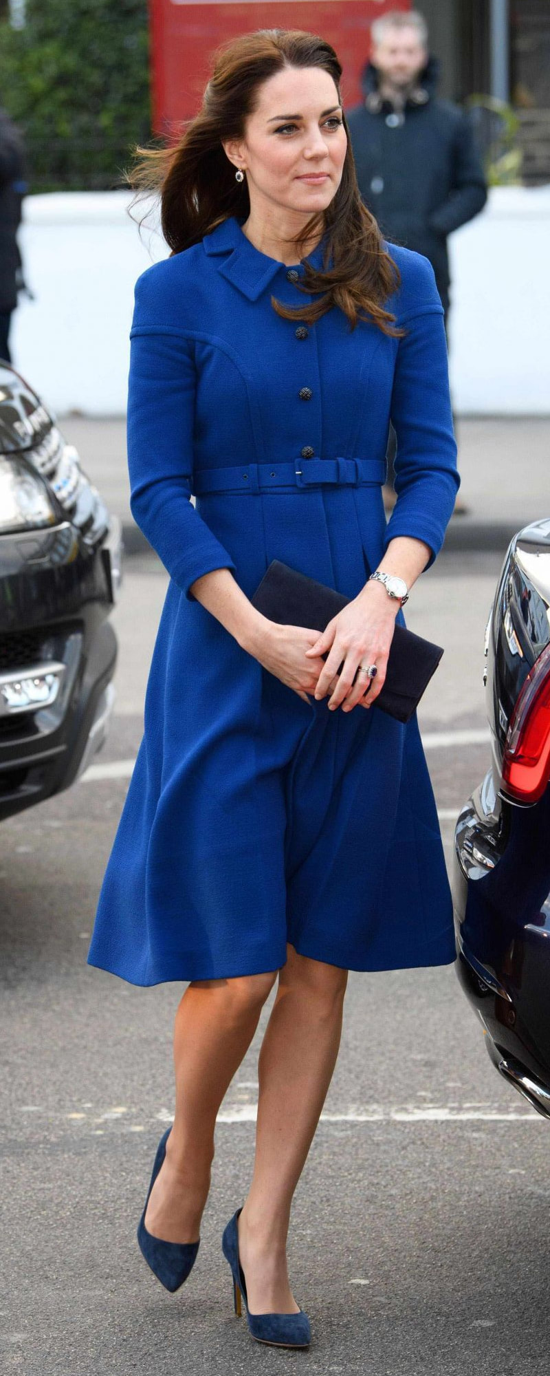Eponine London Double Wool Crepe Belted Shirt Dress in Blue as seen on Kate Middleton, Duchess of Cambridge.
