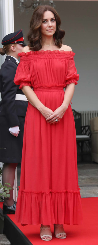 Alexander McQueen Red Off-the-Shoulder Maxi Dress as seen on Kate Middleton, The Duchess of Cambridge.