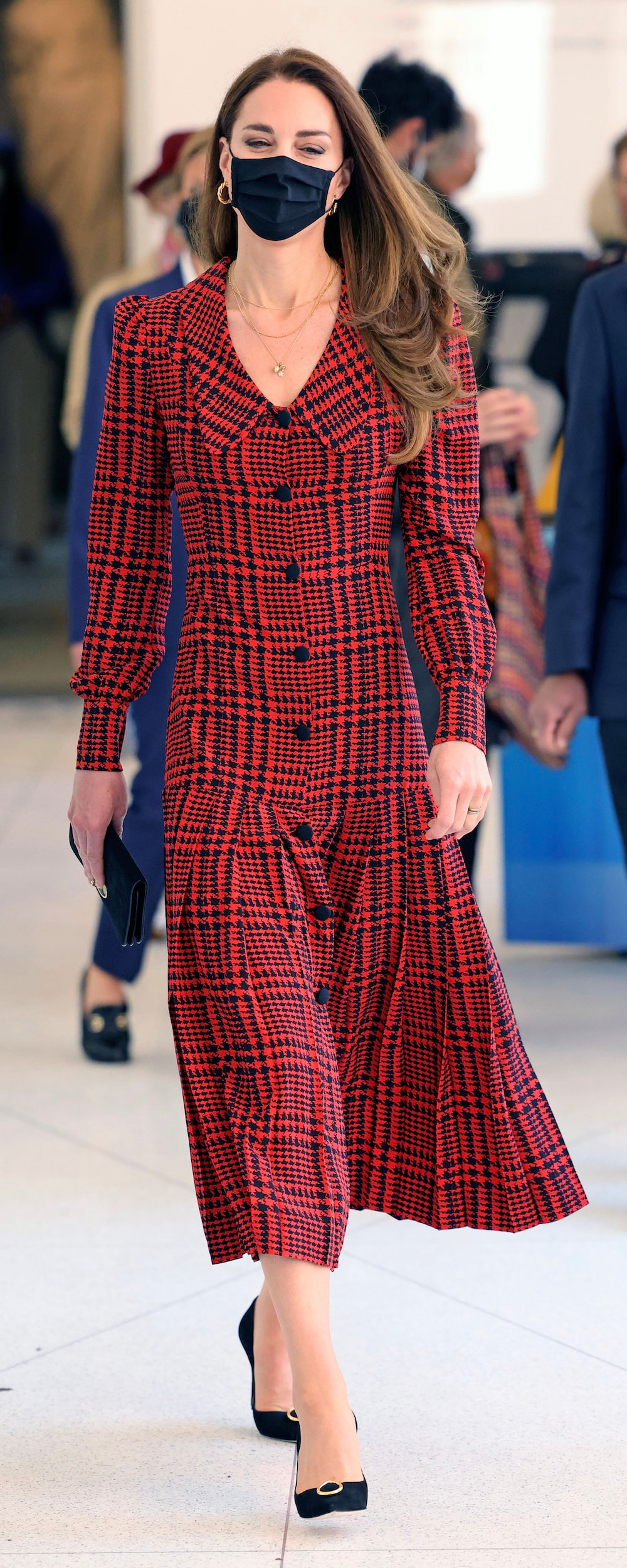 Alessandra Rich Red & Black Houndstooth Midi Dress as seen on Kate Middleton, The Duchess of Cambridge.