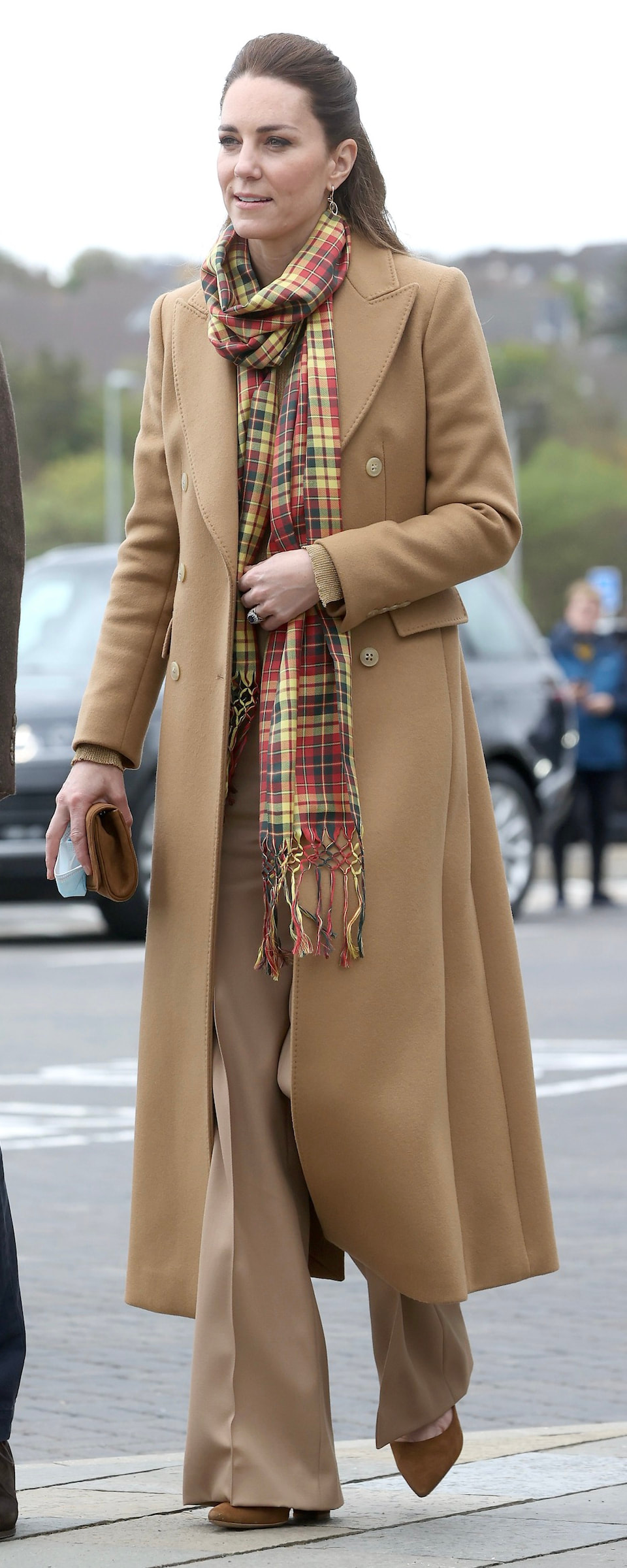 Emmy London Natasha Saddle suede clutch as seen on Kate Middleton, The Duchess of Cambridge.