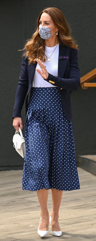 Alessandra Rich Navy Polka Dot Pleated Skirt as seen on Kate Middleton, The Duchess of Cambridge.