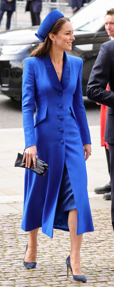 Catherine Walker Mayfair Coat in Sapphire​​ as seen on Kate Middleton, The Duchess of Cambridge.