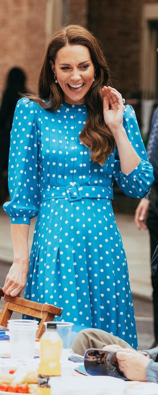 Alessandra Rich Polka-Dot Midi Dress in Azure Blue as seen on Kate Middleton, The Duchess of Cambridge.