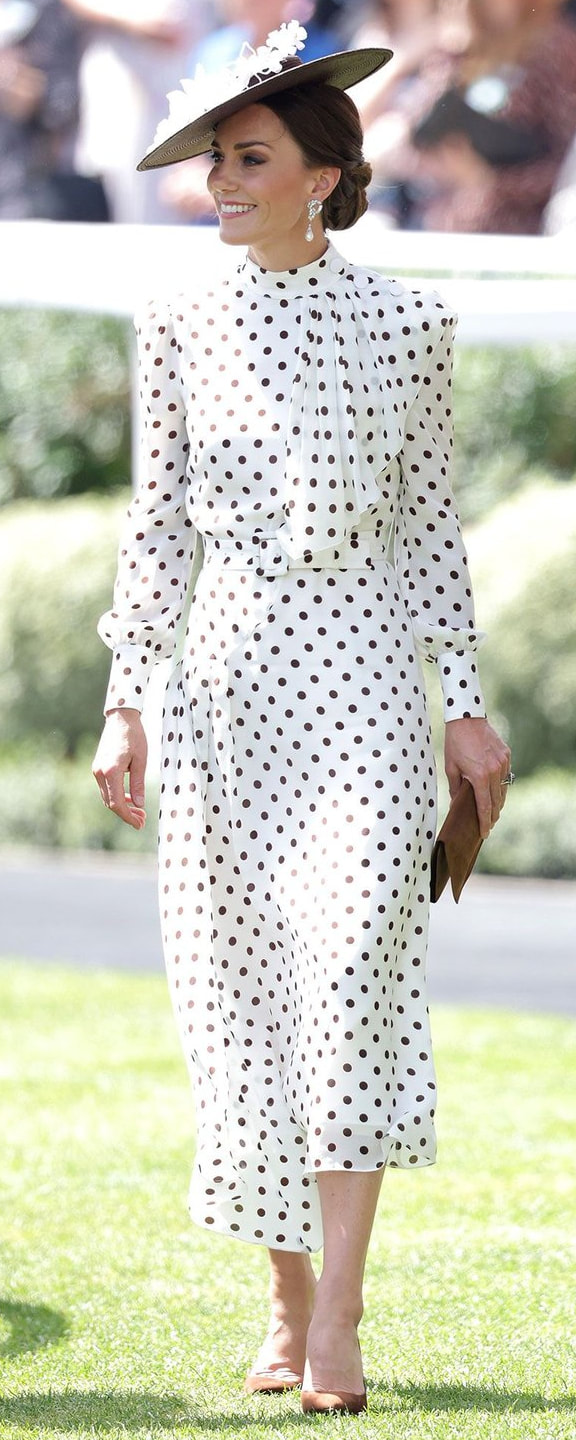Alessandra Rich Asymmetric Polka-Dot Dress in White & Brown as seen on Kate Middleton, The Duchess of Cambridge.