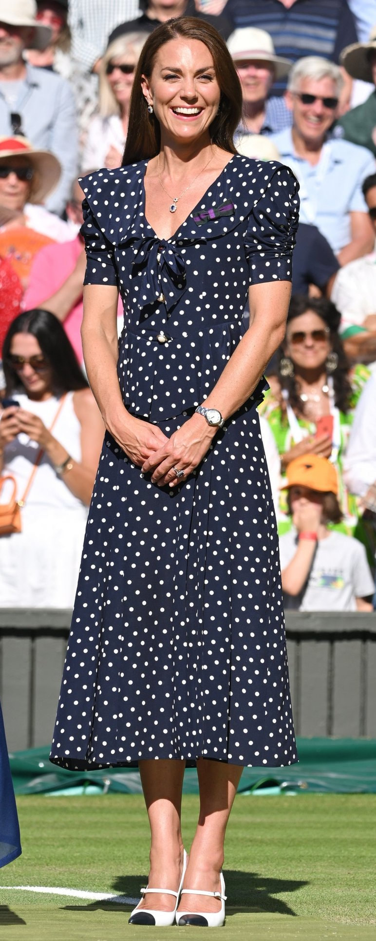 Alessandra Rich Chelsea Collar Polka-Dot Dress in Navy as seen on Kate Middleton, The Duchess of Cambridge.