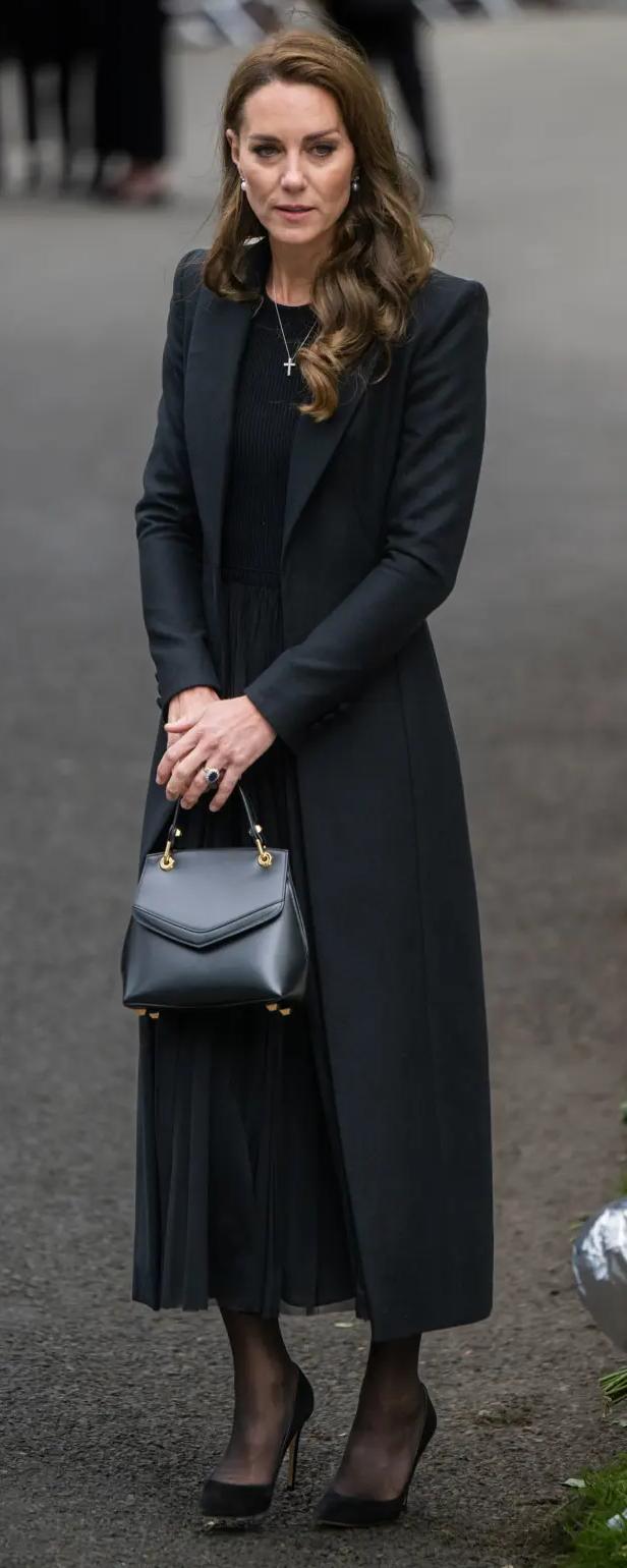 Alexander McQueen Long Pleated Skirt Dress in Black as seen on Kate Middleton, The Princess of Wales.