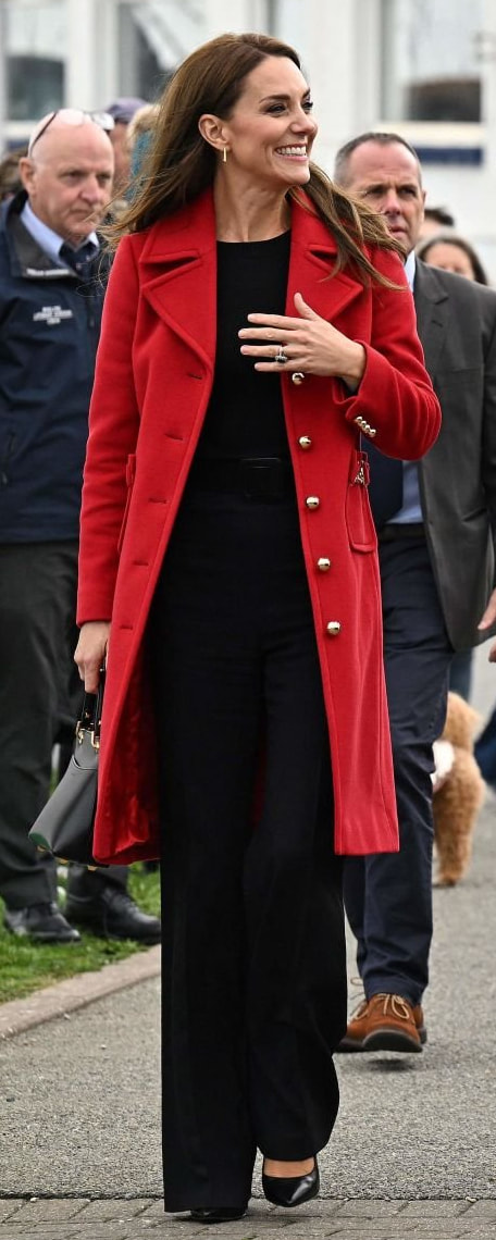 LK Bennett Spencer Snaffle-Detail Coat in Red as seen on Kate Middleton, Princess of Wales.