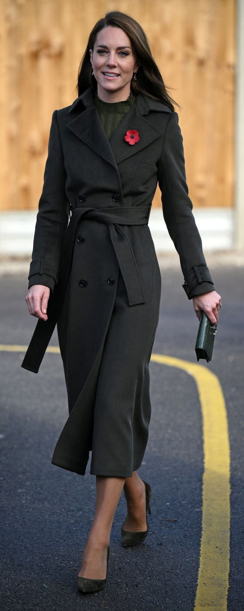 Hobbs Lori Wool-Cashmere Belted Coat in Olive as seen on Kate Middleton, Princess of Wales.