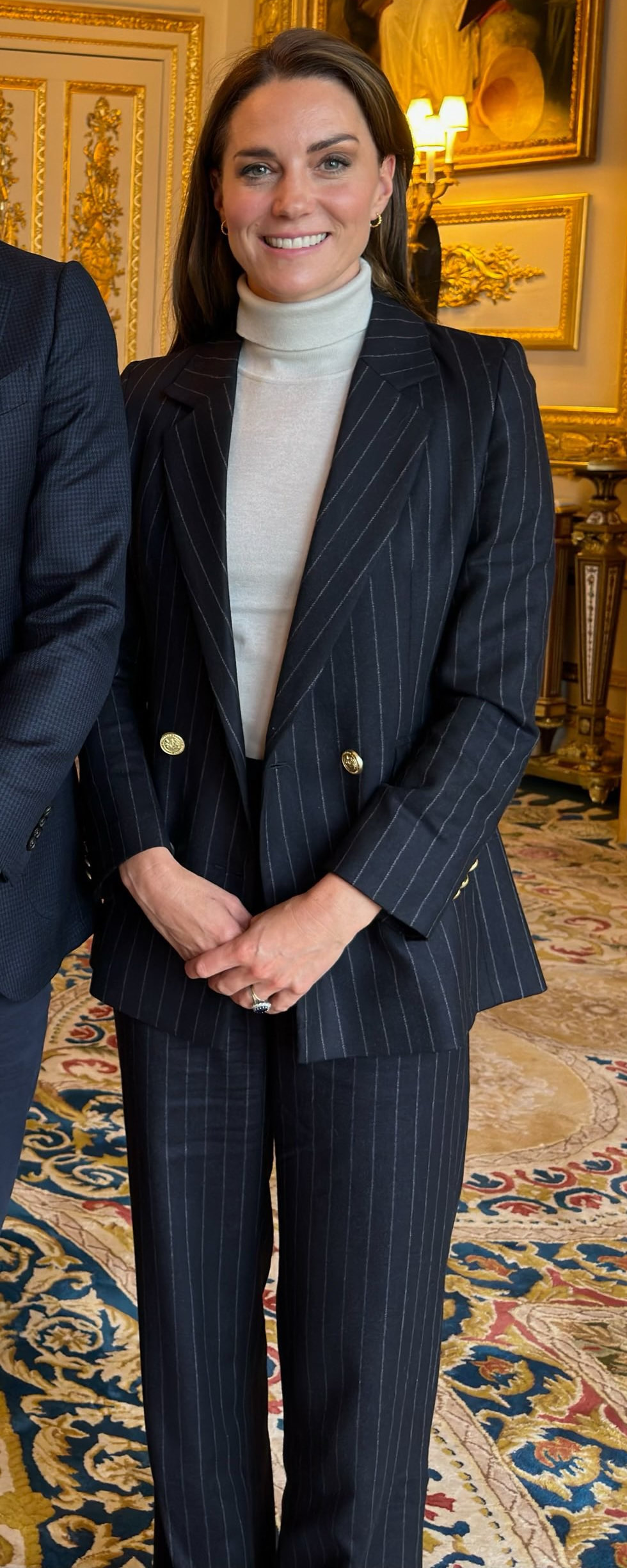 Holland Cooper Double-Breasted Blazer in Navy Chalk Pin Stripe as seen on Kate Middleton, Princess of Wales.