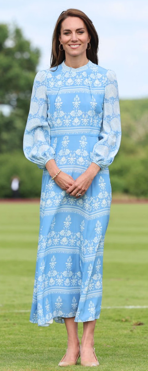 Beulah 'Sonia' Blouson Sleeve Dress in Cornflower Blue as seen on Kate Middleton, Princess of Wales.
