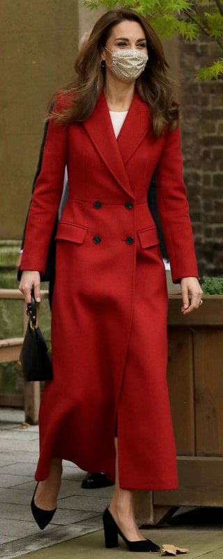 Alexander McQueen Double-Breasted Long Wool Coat in Red as seen on Kate Middleton, Princess of Wales.