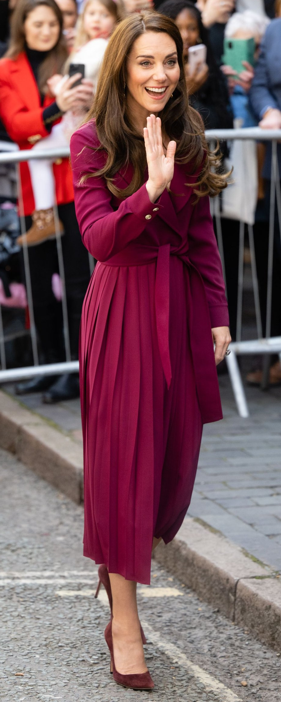 Karen Millen Long Sleeve Pleated Midi Trench Dress in Merlot as seen on Kate Middleton, Princess of Wales