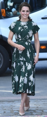 Rochas Green Dahlia-Print Midi Dress as seen on Kate Middleton, The Duchess of Cambridge at Chelsea Flower Show