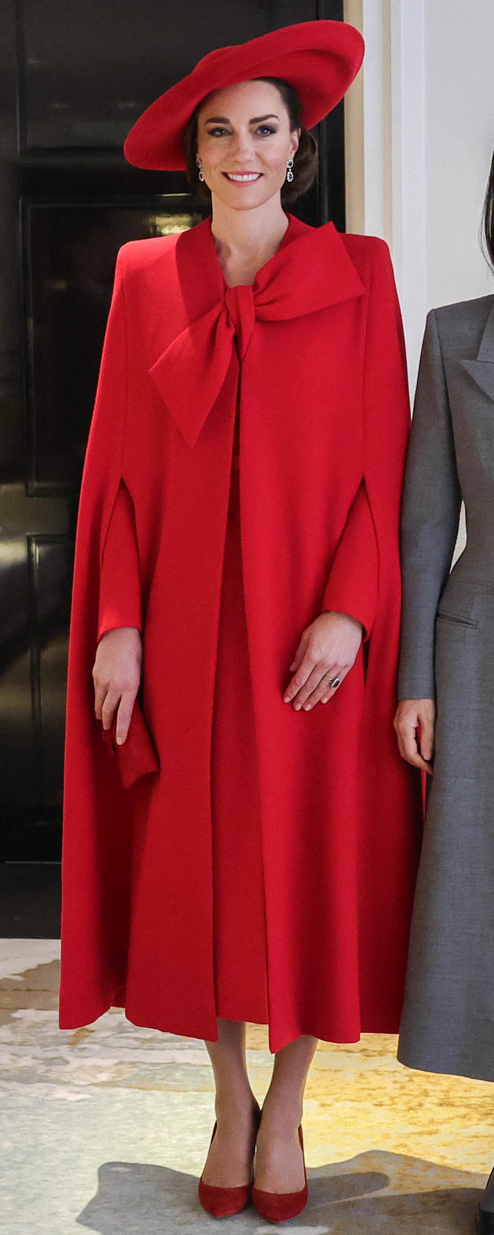Catherine Walker Cape Coat in Scarlet Red as seen on Kate Middleton, Princess of Wales.