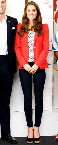 Zara Red Gathered Shoulder Blazer as seen on Kate Middleton, The Duchess of Cambridge.