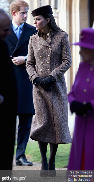Kate Middleton Duchess of Cambridge wears Moloh Turpin Tweed coat on Christmas Day 2014