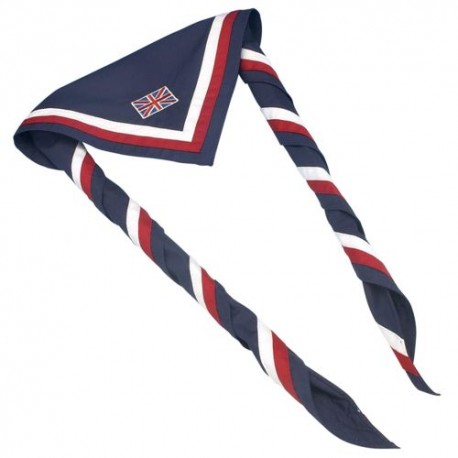 The official UK Scarf is adult length in blue with a red, white and blue border and a Union Flag badge on the apex.