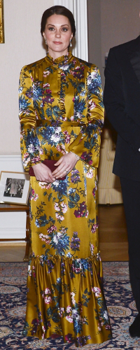 Erdem Stephanie Yellow Gold Floral-Printed Silk Gown as seen on Kate Middleton, The Duchess of Cambridge at Embassy Dinner in Sweden