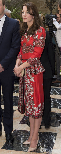 Alexander McQueen Red Paisley-Print Peplum Dress as seen on Kate Middleton, The Duchess of Cambridge.