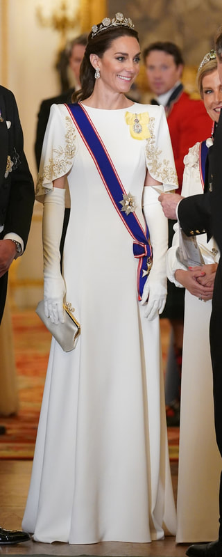 Paula Rowan Satin Opera Gloves in Ivory as seen on Kate Middleton, Princess of Wales.