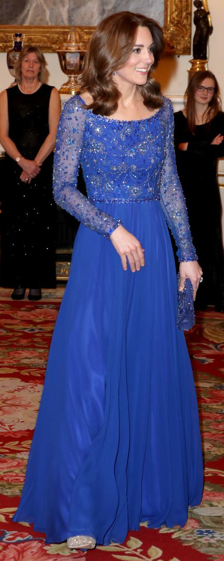 Erdem Blue Crystal And Pearl Embellished Floral Drop Earrings as seen on Kate Middleton, The Duchess of Cambridge.