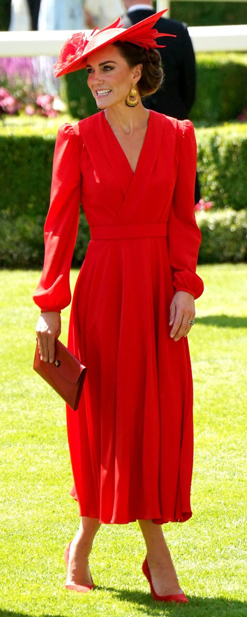 Alexander McQueen Chiffon Midi Dress in Red as seen on Kate Middleton, Princess of Wales.