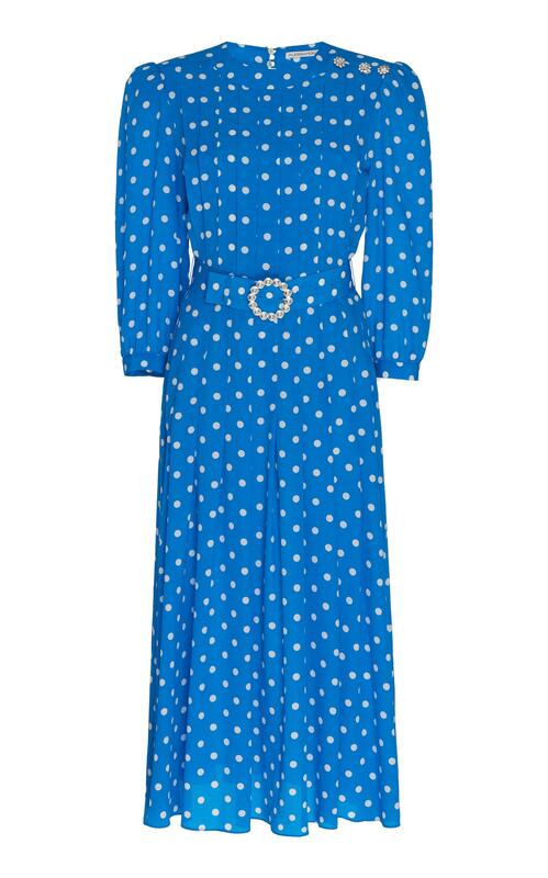 Alessandra Rich Belted Polka-Dot Midi Dress in Azure Blue