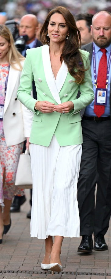 Balmain Double-Breasted Two-Tone Crepe Blazer in Mint as seen on Kate Middleton, Princess of Wales.