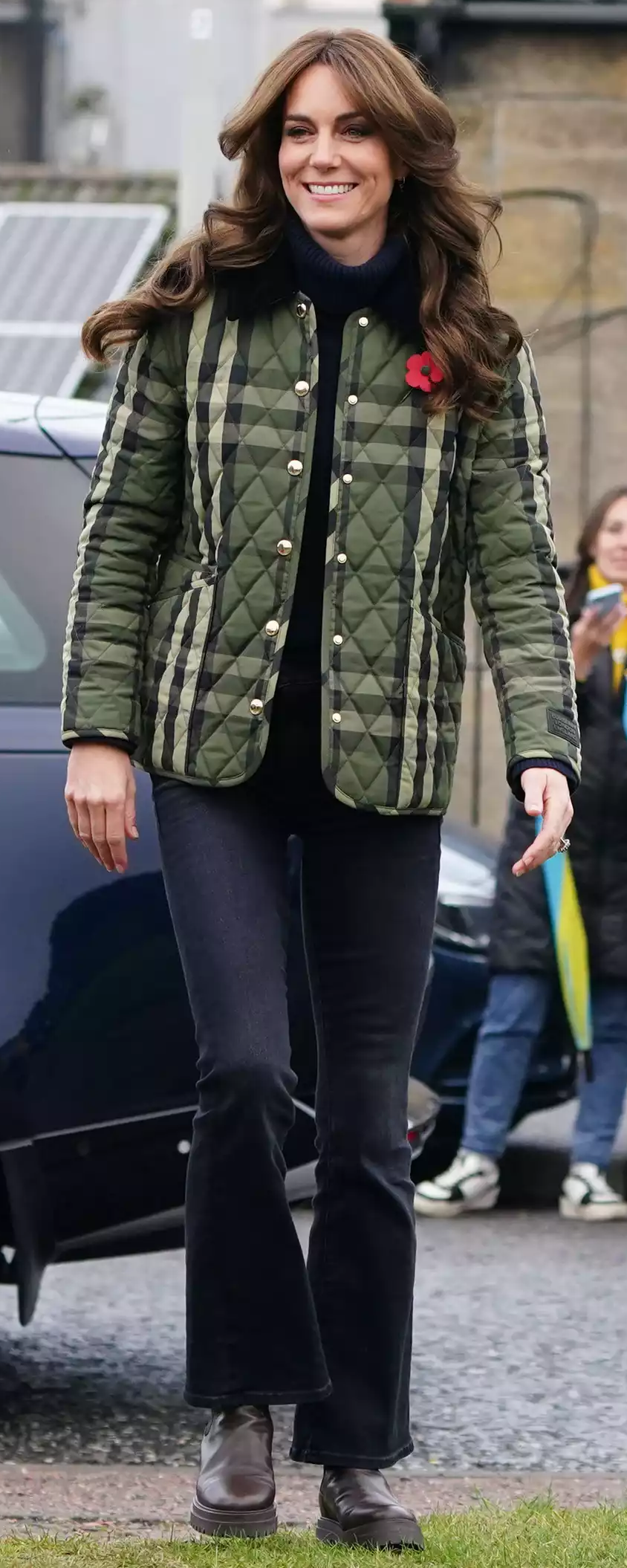 Burberry Corduroy Collar Diamond Quilted Jacket in Green as seen on Kate Middleton, Princess of Wales
