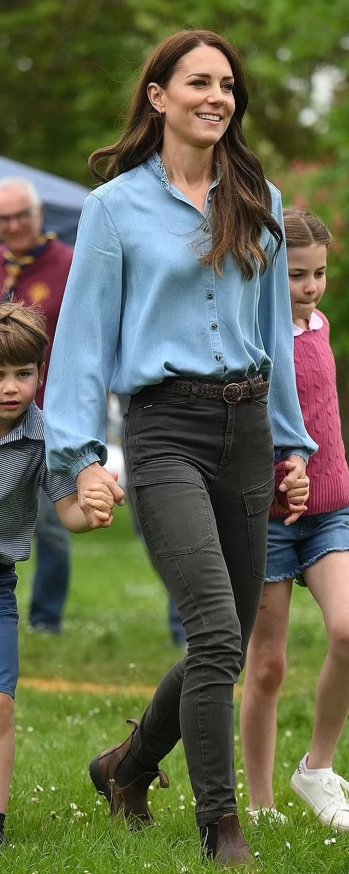 Really Wild Frill Neck Shirt in Blue Denim as seen on Kate Middleton, Princess of Wales.