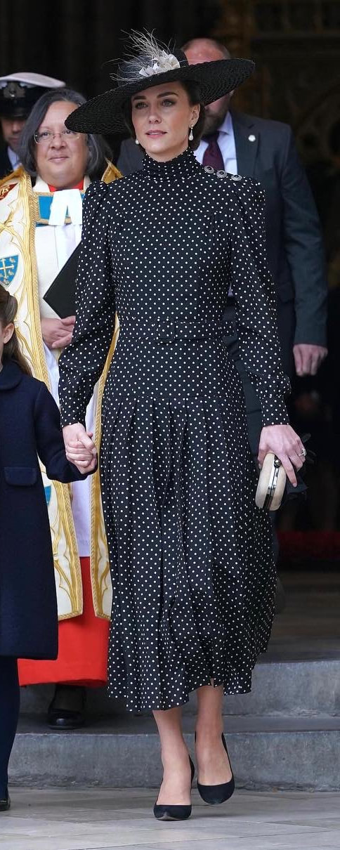 Alessandra Rich Black Polka-Dot Midi Dress as seen on Kate Middleton, The Duchess of Cambridge.Picture