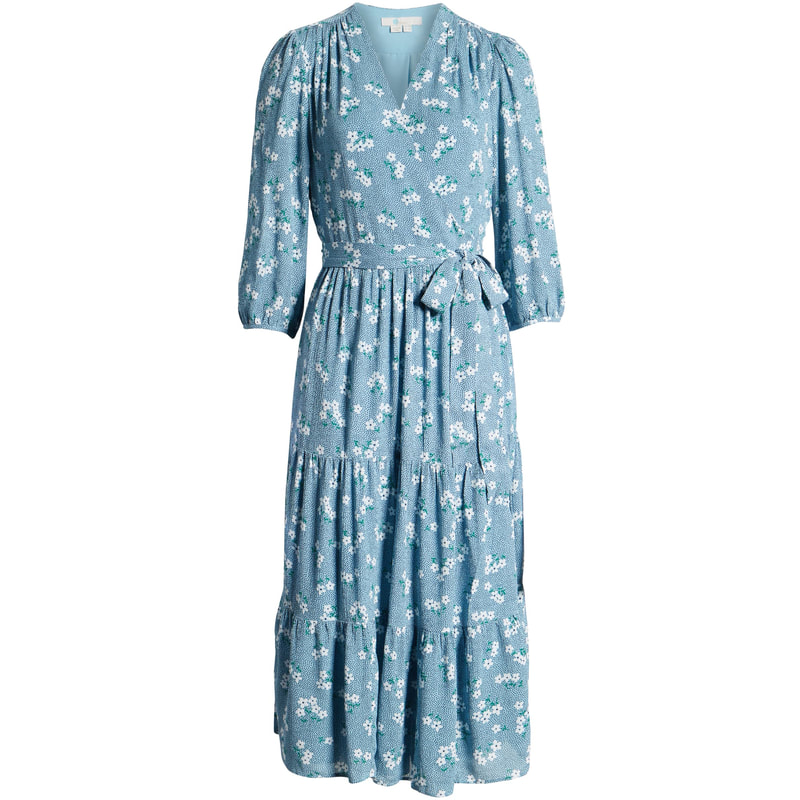 Boden 'Aurora' Blue Daisy Print Midi Wrap Dress